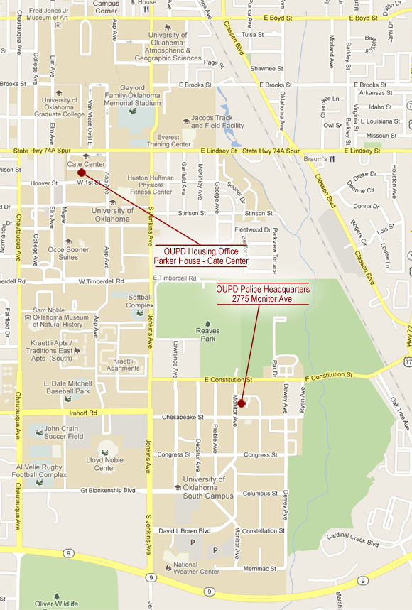 Campus are map showing OUPD HQ and OUPD's Housing Office at Parker House in Cate Center