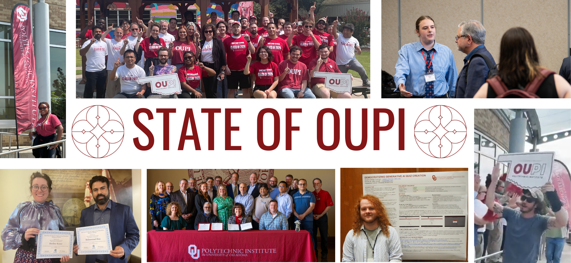 A collage of OUPI students and staff with circle line art and "State of OUPI".