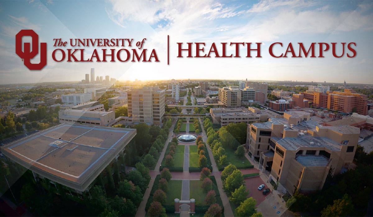 Interlocking O U, The University of Oklahoma, Health Campus wordmark above an aerial view of the Health Campus.