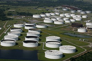 The photo shows oil storage tanks in Cushing, Oklahoma. Photo is courtesy of Tulsa World