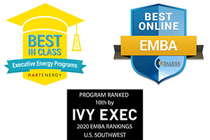 Photo of the badges for Hart Energy Best in Class Executive Energy Programs, College Consensus Best Online EMBA AND Program Ranked 10th by Ivy Exec 2020 EMBA Rankings U.S. Southwest  
