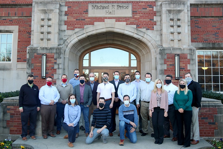 Cohort 12 and 13 members of the Executive MBA in Energy program are pictured Dec. 9, 2020, outside of Price Hall on the University of Oklahoma campus in Norman.