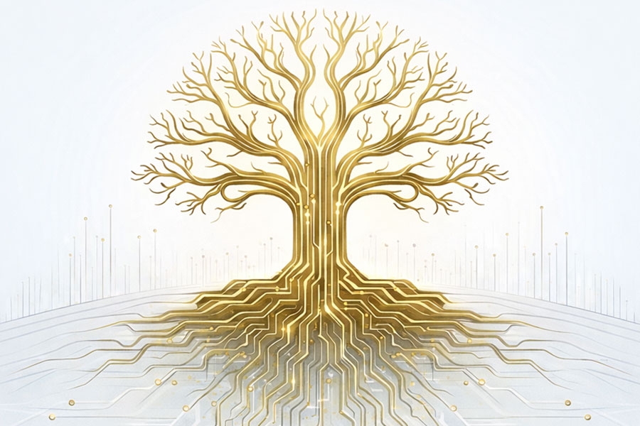 Digital pathways create a structure that looks like tree branches and roots.