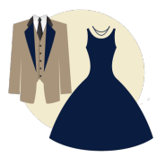 Graphic icon representing a suit and tie and a formal evening dress with necklace