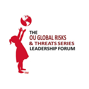 Image of a child tossing a ball, text reads: OU Global Risks & Threat Series Leadership Forum Logo