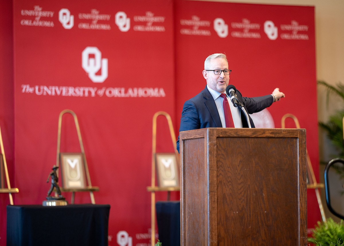Dean Corey Phelps speaks at Price College's 15th annual Honors Luncheon in Norman, Oklahoma.