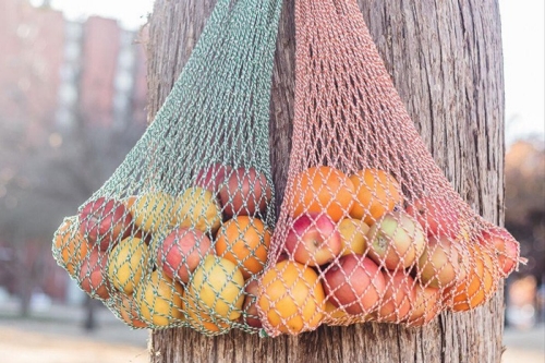 product photo of Bada bags hanging filled with apples, hanging from a tree
