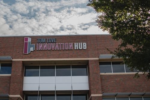 Exterior shot of the front entrance to the Tom Love Innovation hub.