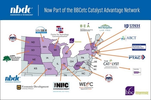 graphic showing part of the united states, highlighting partner logos from each state that are now part of the BBCetc Catalyst Advantage Network