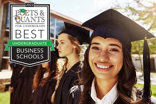 smiling graduates in cap and gown with the Poet and Quants Ranking badge for Best Undergrad Business Schools 2022