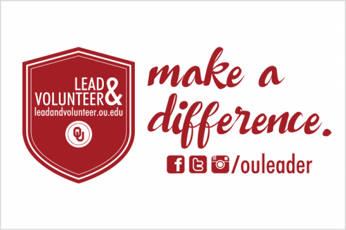 Logo that reads: Lead & Volunteerism, Make a difference. Social media icons and username /ouleader