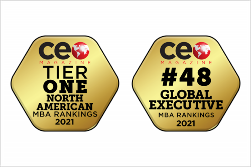 Rankings badges from CEO Magazine. Tier One N. American MBA Rankings 2021. #48 Global Executive MBA Rankings 2021