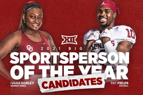 Graphic with Ivana Corley and Pat Fields. Big XII 2022 Sportsperson of the year candidates.
