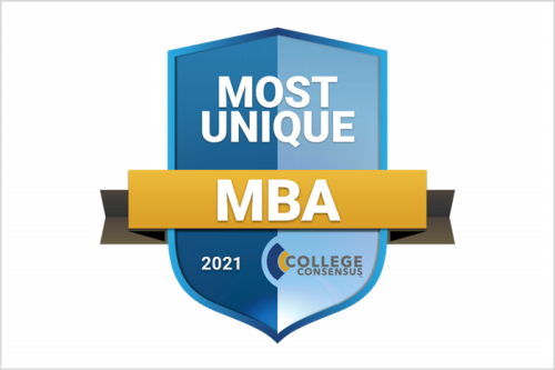 College Consensus rankings badge - Reads: Most Unique MBA 2021