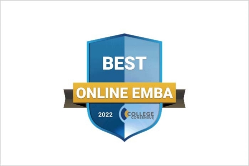 College Consensus rankings badge - Reads: Best Online EMBA program 2022