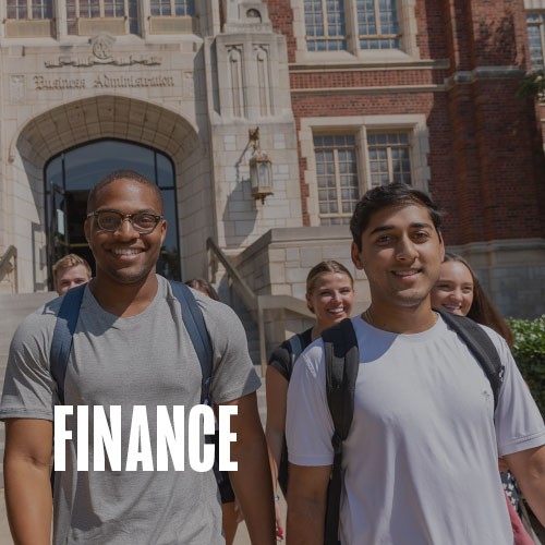 Several undergraduate students walking down the path near the front entrance to Adams Hall. Text over the photo reads: Finance.