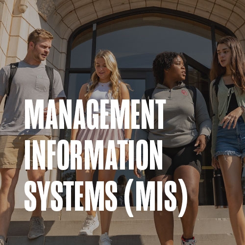 The front entrance to Adams Hall. Text over the photo reads: Management Information Systems (MIS),