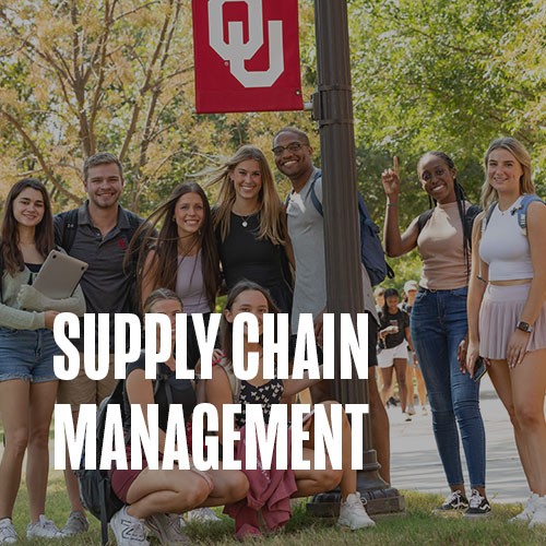 A large group of students standing near an OU lamppost. Text over the photo reads: Supply Chain Management.