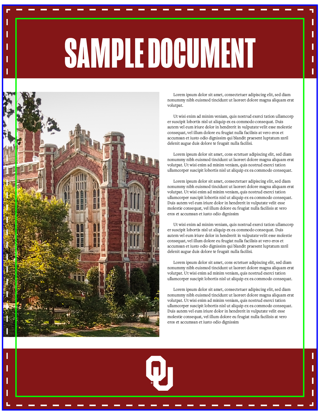 Bleed, trim, and the safe area of a document. The document contains an image of a building on the OU Campus, an interlocking OU, placeholder text, and a header that reads, "SAMPLE DOCUMENT."
