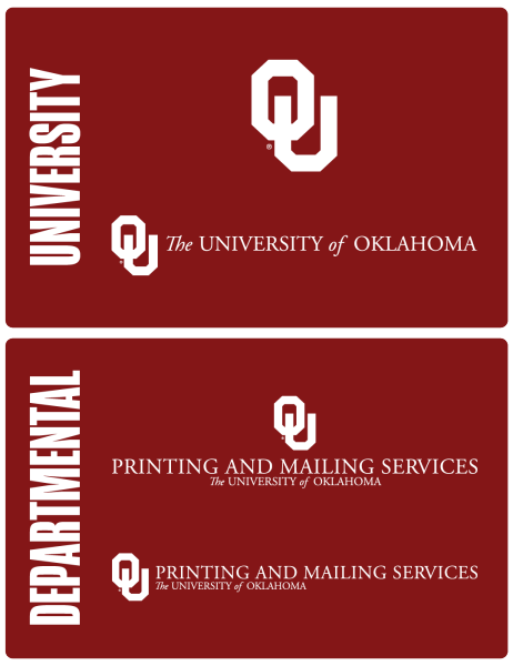 Two crimson rounded rectangles, one depicting two university-wide logos with the headline "UNIVERSITY," and one depicting two Printing and Mailing Services departmental logos, with the headline "DEPARTMENTAL."