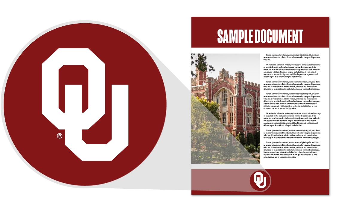 The document contains an image of a building on the OU Campus, an interlocking OU, placeholder text, and a header that reads, "SAMPLE DOCUMENT." Outside the document, a circle around the interlocking OU emphasizes its use on the document.