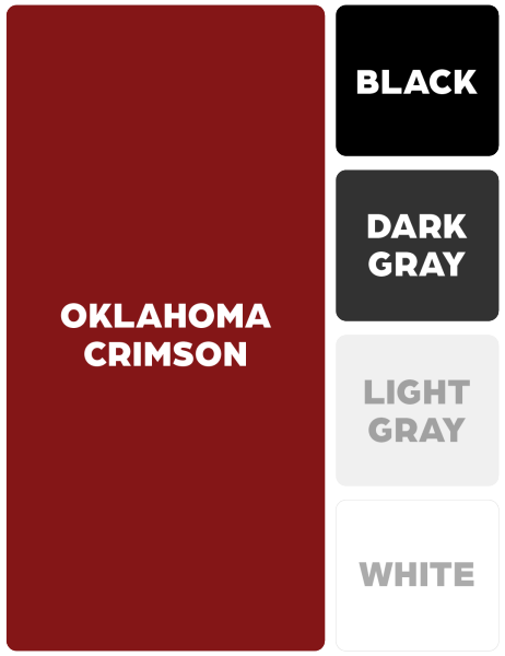 Many rounded rectangles, the largest being crimson with the header "OKLAHOMA CRIMSON," and four smaller rounded rectangles with the words, "BLACK," "WHITE," "DARK GRAY," and "LIGHT GRAY," including their corresponding colors.