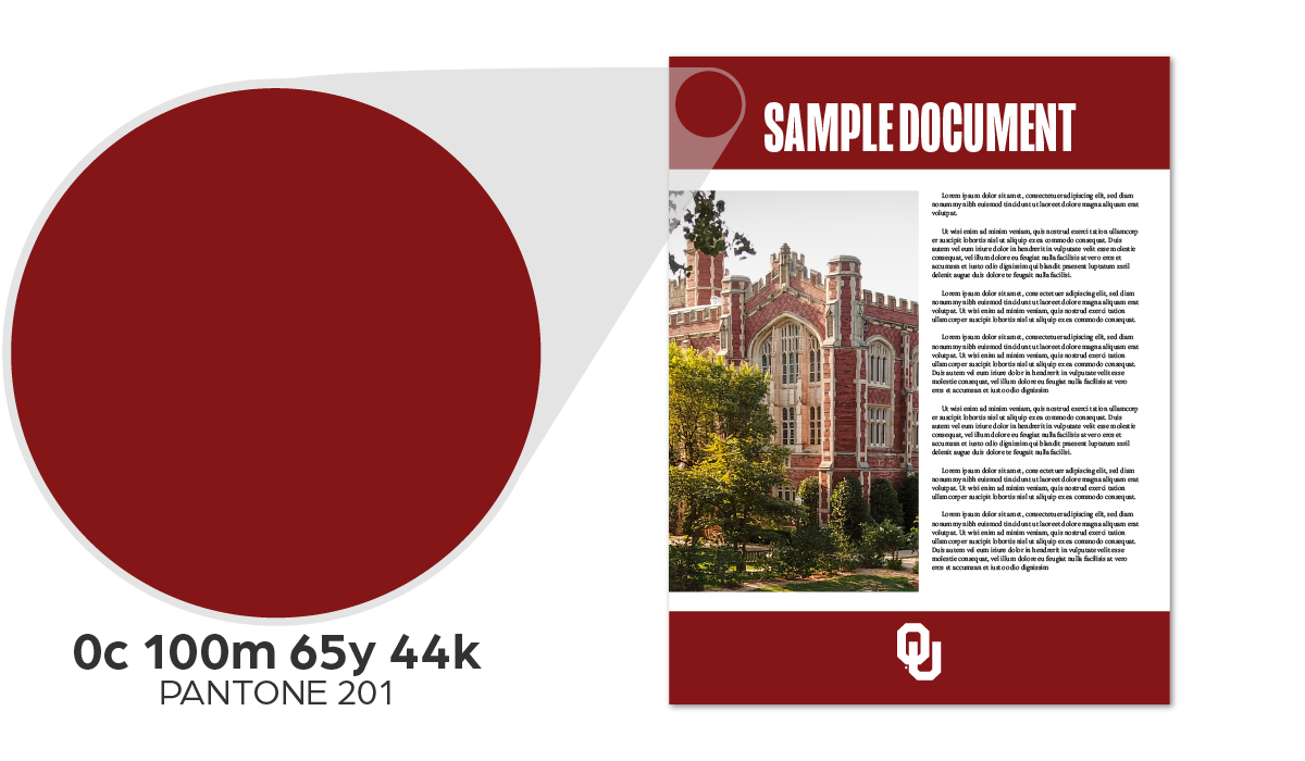 Pantone shade 201, Oklahoma Crimson, exhibited on a sample document, with the text, "0C 100M 65Y 44K," depicting the CMYK color code for the shade.