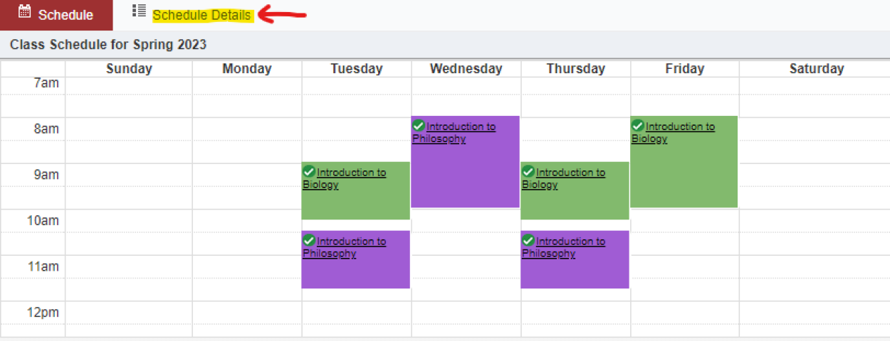 Weekly calendar view of a class schedule. Enrolled courses are on the calendar in green and purple colored blocks for their specific day and time.  "Schedule Details" is highlighted in yellow in the top left corner to show users where to click to view final exam day and time for their enrolled courses. 