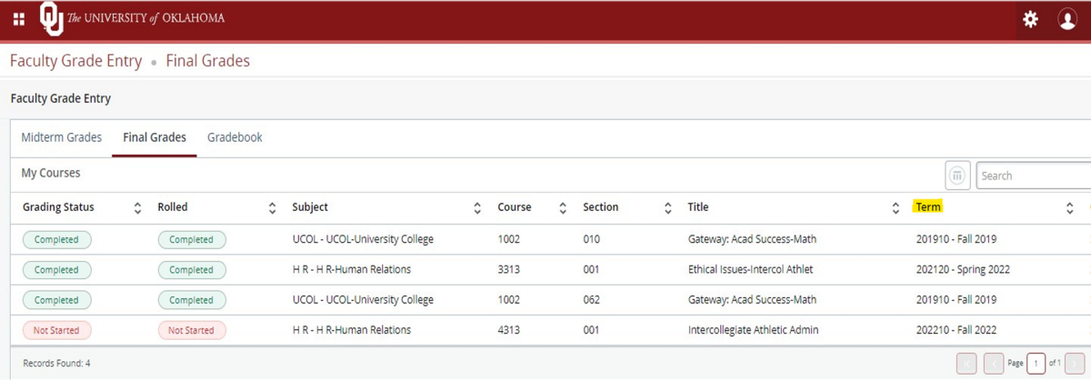 Final grades view of Faculty Grade entry. Courses are displayed in green and red colored boxes that indicate status of "Grading" and "Rolled" as "Completed" or "Not Started." "Term" is highlighted in yellow in the top right-hand corner to show users where to click to view enrollment term. Boxes appear in the bottom right-hand corner displaying current page number out of total page number.