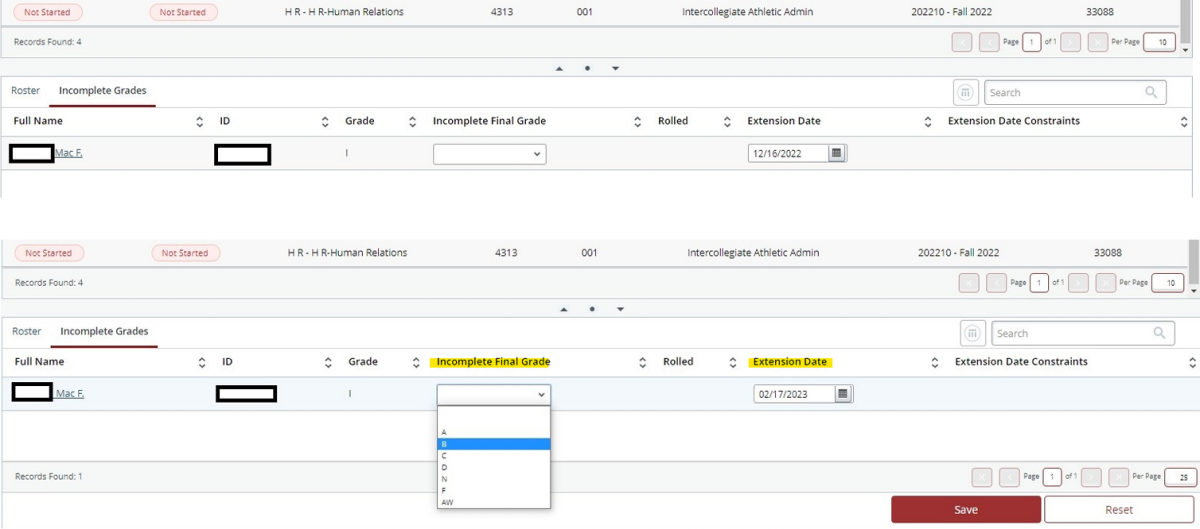 I Grade (Incomplete Final Grade) view of Grade entry by Course. Course name, CRN, and Term is displayed across top. In the top left-hand corner green and red colored boxes  indicate status as "Completed" or "Not Started." Boxes appear in the top right-hand corner displaying current page number out of total page number. Roster of number of records to be completed is displayed in the left-hand center. Directly below the total number of records, the first record is displayed for grading to be entered. "Incomplete" and "Extension Date" are highlighted in yellow to show users where to assign final grade (from drop-down box) and extension date (from calendar date box). In the bottom right-hand corner "Save" and "Reset"  buttons allow users to assign as record entry indicates.