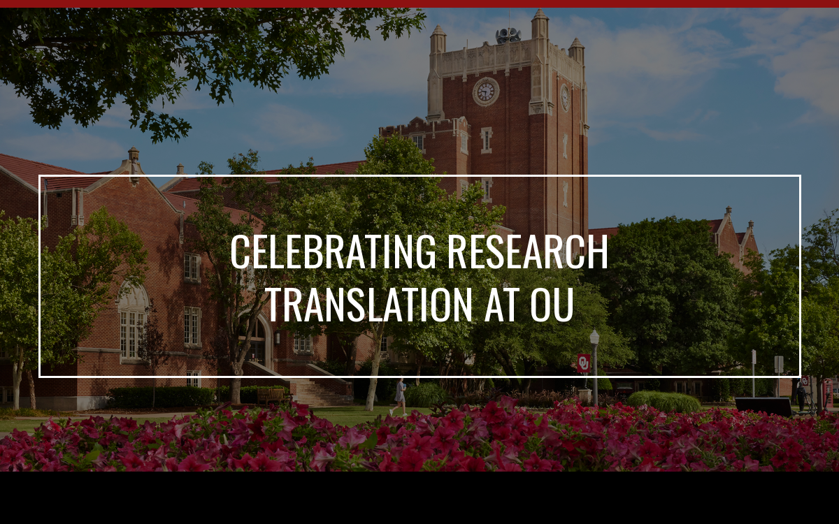 Oklahoma Memorial Union with pink flowers in the foreground and the words "Celebrating Research Translation at OU" in white text underlying the image. 