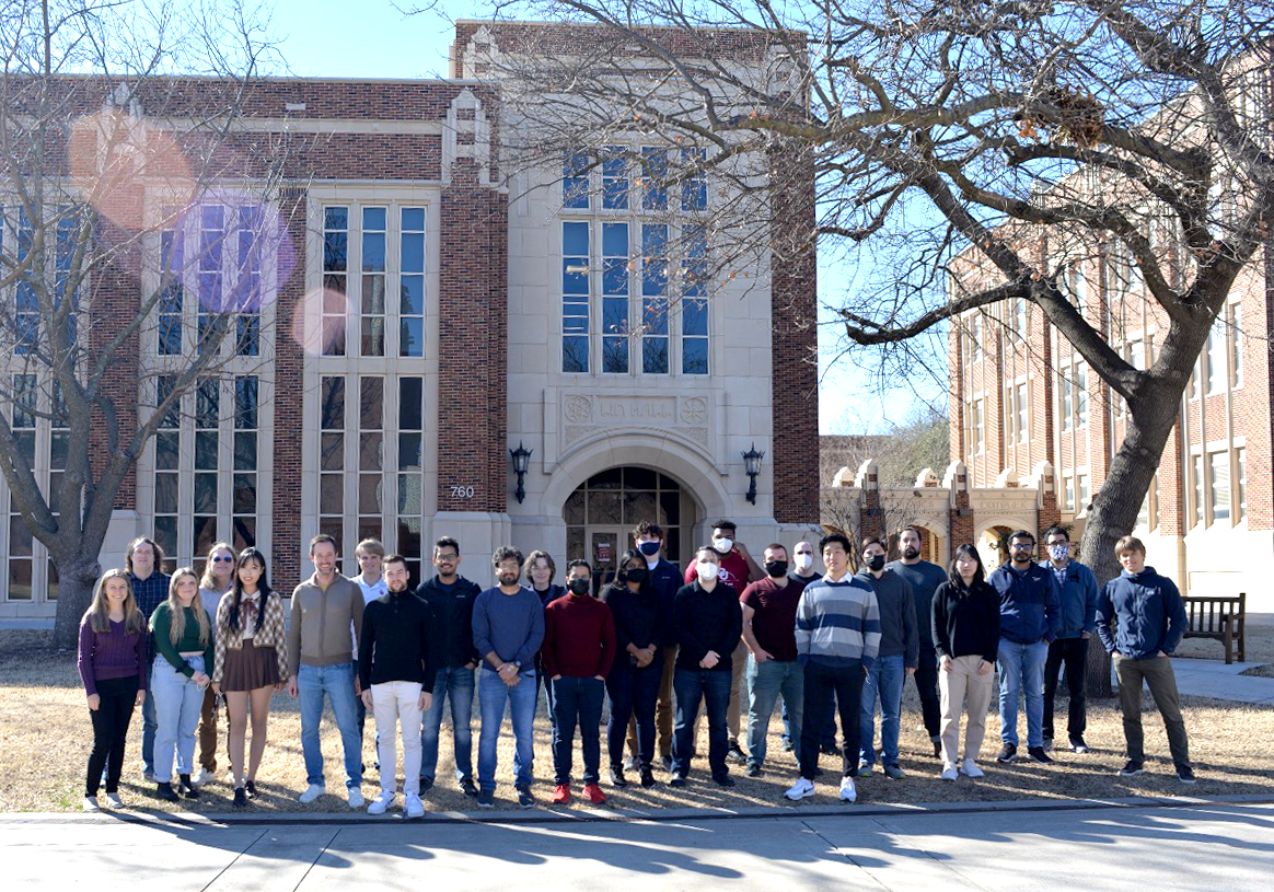 Biedermann, Blume, Marino, research groups outside of Lin Hall February 2022.