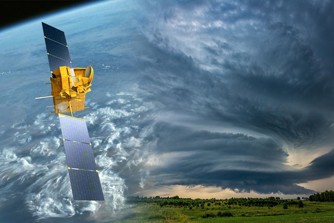 collage of thuderstorm and satellite in space