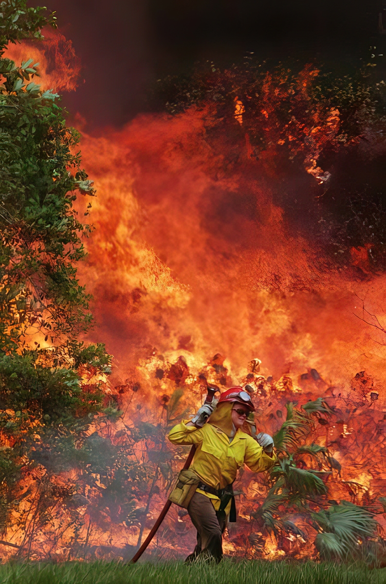 A firefighter carries a firehose through a wildfire in Florida. Photo provided by NOAA. 