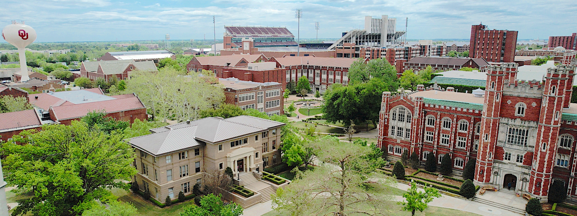 many building on the OU campus from an aerial view.