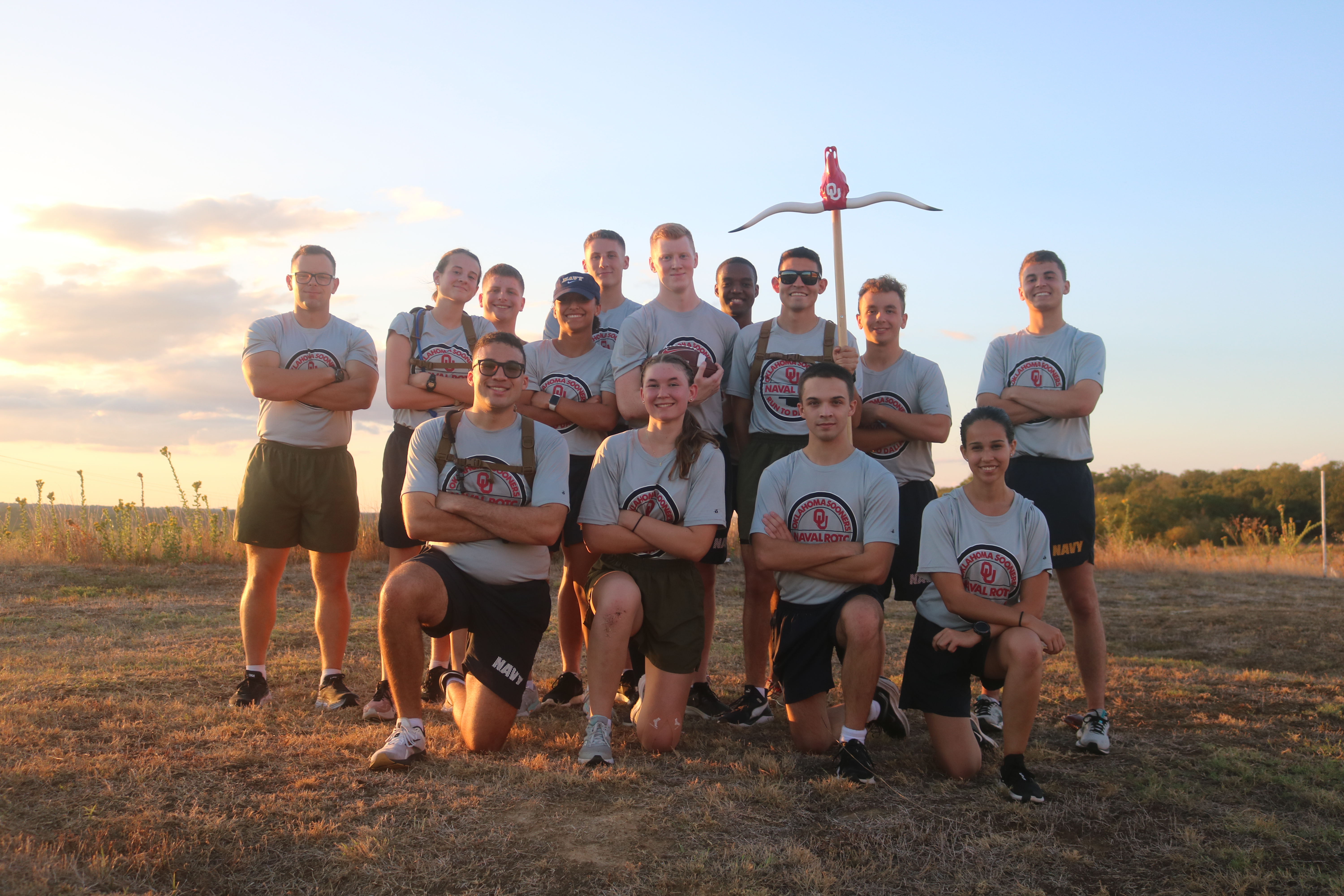 NROTC student group posing for a photo in the morning.