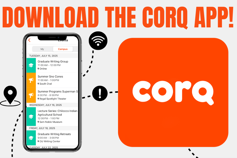 a graphic showing the CORQ app icon and layout