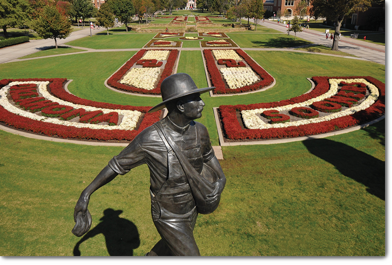 south oval image with seedsower statue in front of flower beds