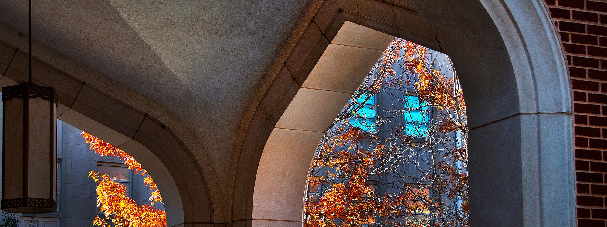 Large stone arches in the OMU courtyard with autumn trees in the background.