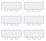 Multiple rows of rectangular tables and chair icons.