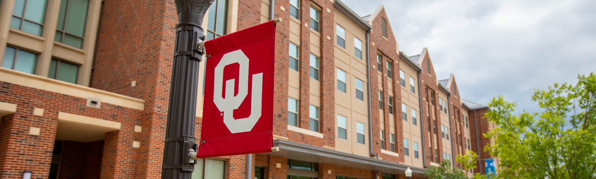 a wide shot of an OU banner on a light post in front of a building on campus. 
