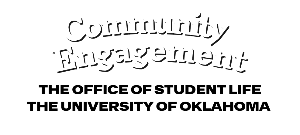 Community Engagement is written in a white coloring with a downwards curve. In black, capitalized text beneath it read "The Office of Student Life" followed by "The University of Oklahoma."