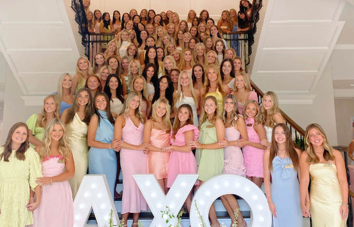 Alpha Chi Omega members posing for a group photo.