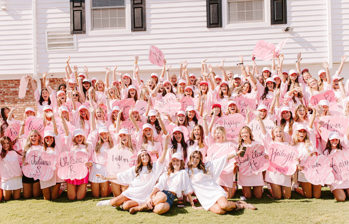 Alpha Phi members pose for a group photo.