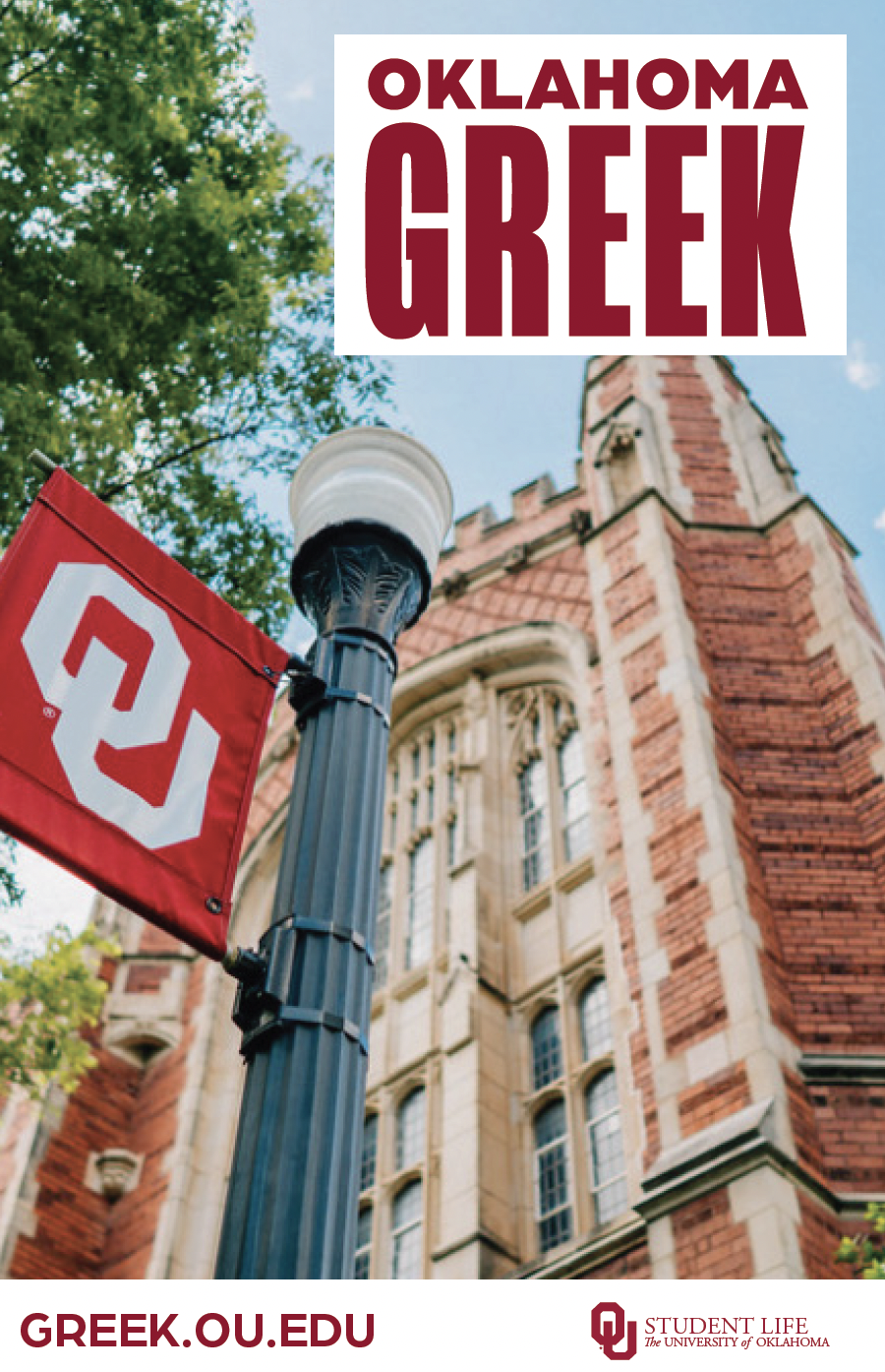 Front cover of Fraternity and Sorority Experience Guide publication. Oklahoma Greek. Learn more at greek.ou.edu.