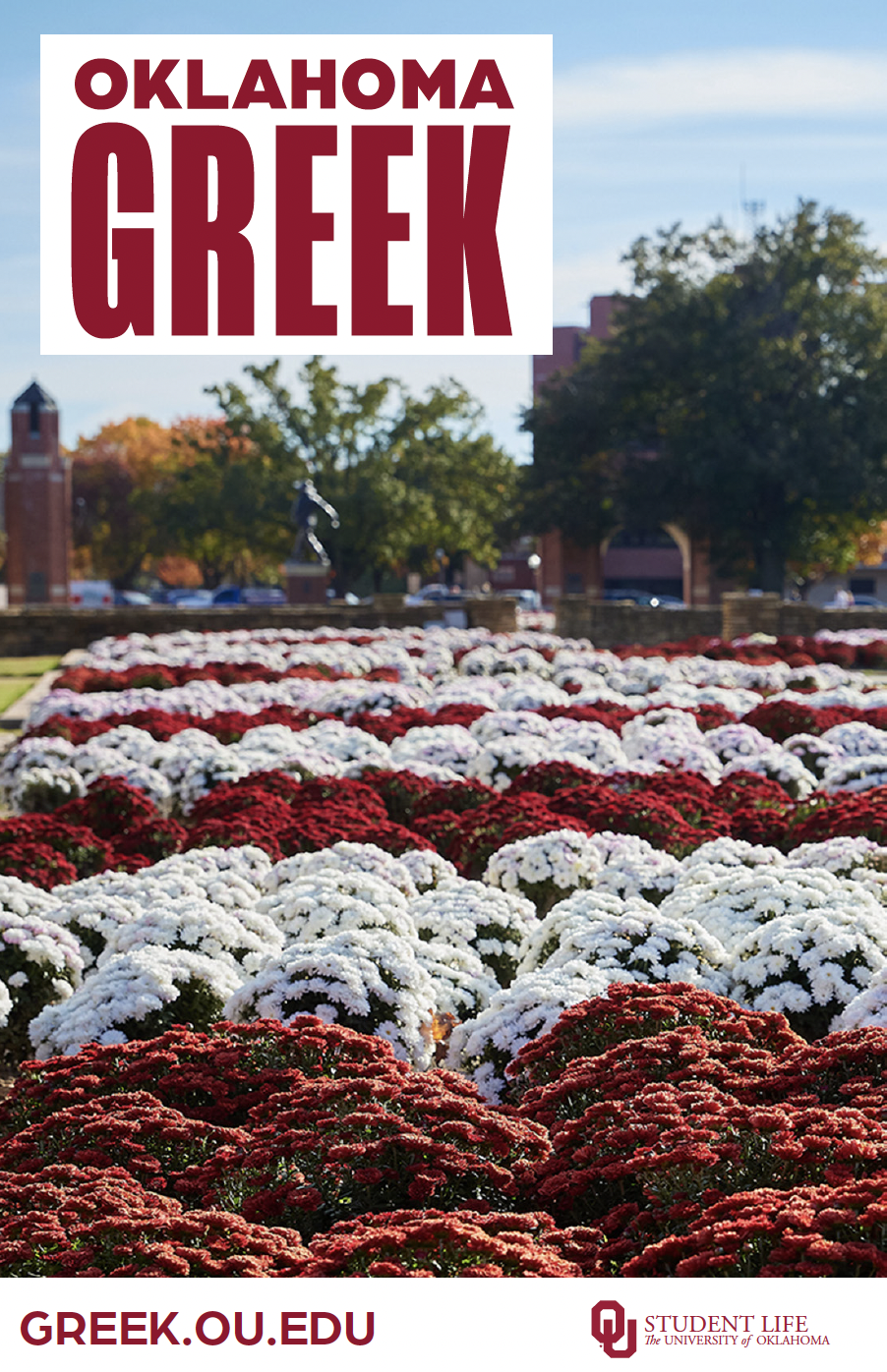 Front cover of Fraternity and Sorority Experience Guide publication. Oklahoma Greek. Learn more at greek.ou.edu.