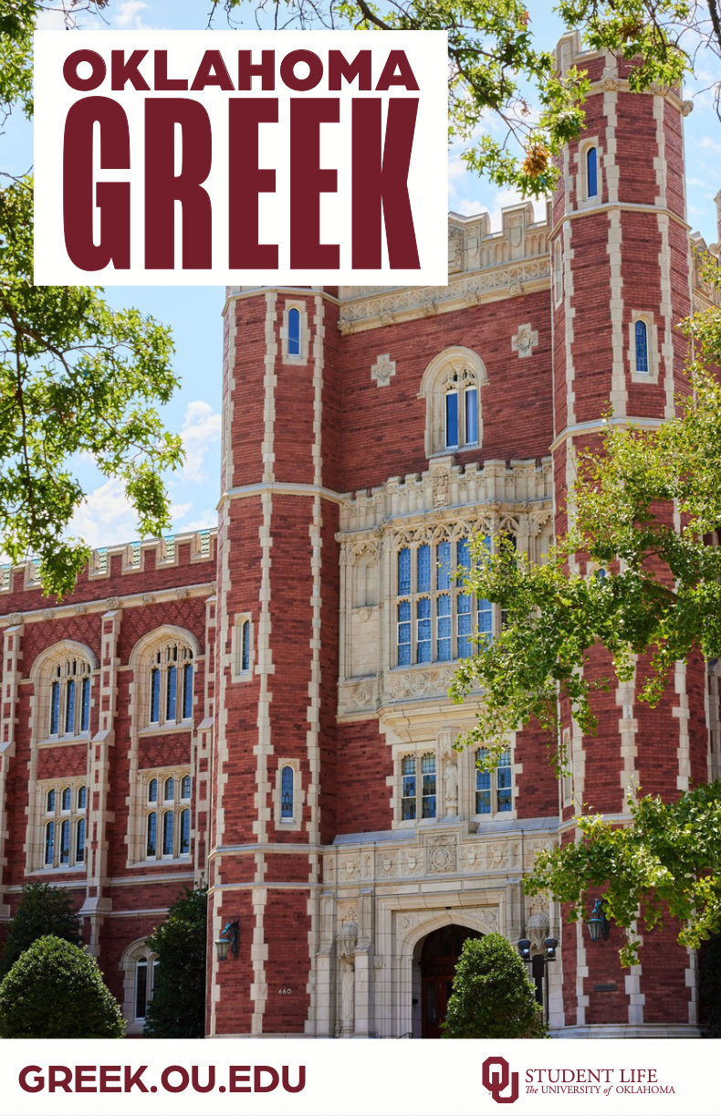 Front cover of Fraternity and Sorority Experience Guide publication. Oklahoma Greek. Learn more at greek.ou.edu.