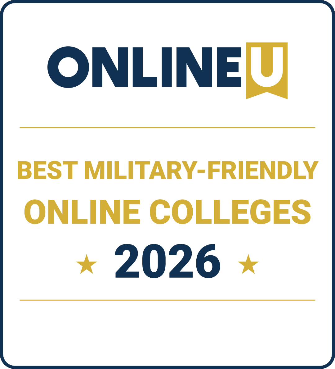 Badge with the words: OnlineU Best Military-Friendly Online Colleges 2026.