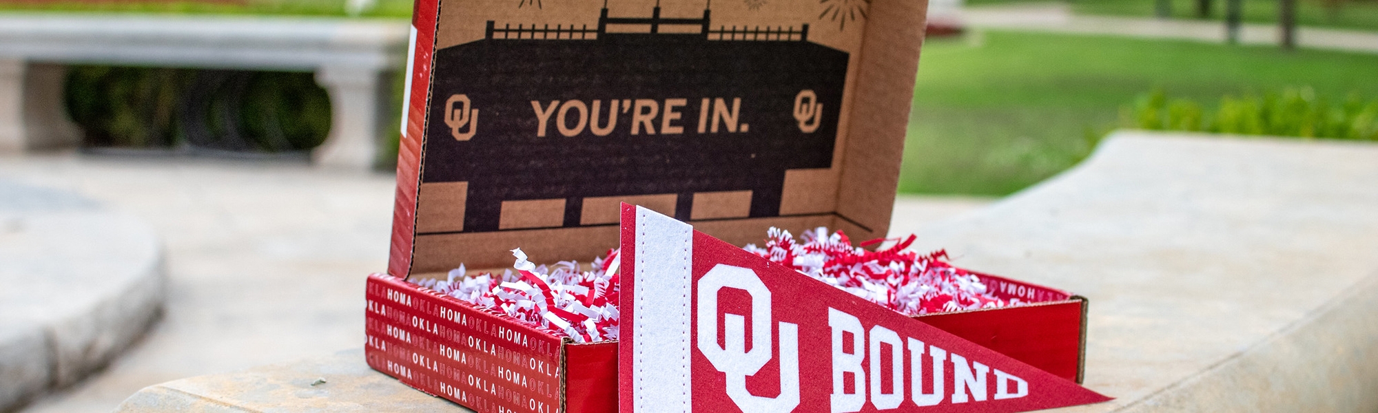 A welcome box for students admitted to OU: OU, You're In. OU, Oklahoma, OU Bound