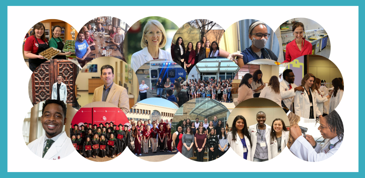 ocean teal blue boarder,  with circle shaped pictures of different colors, people, group photos, health care workers, physicians, students, buildings, and graduation. 